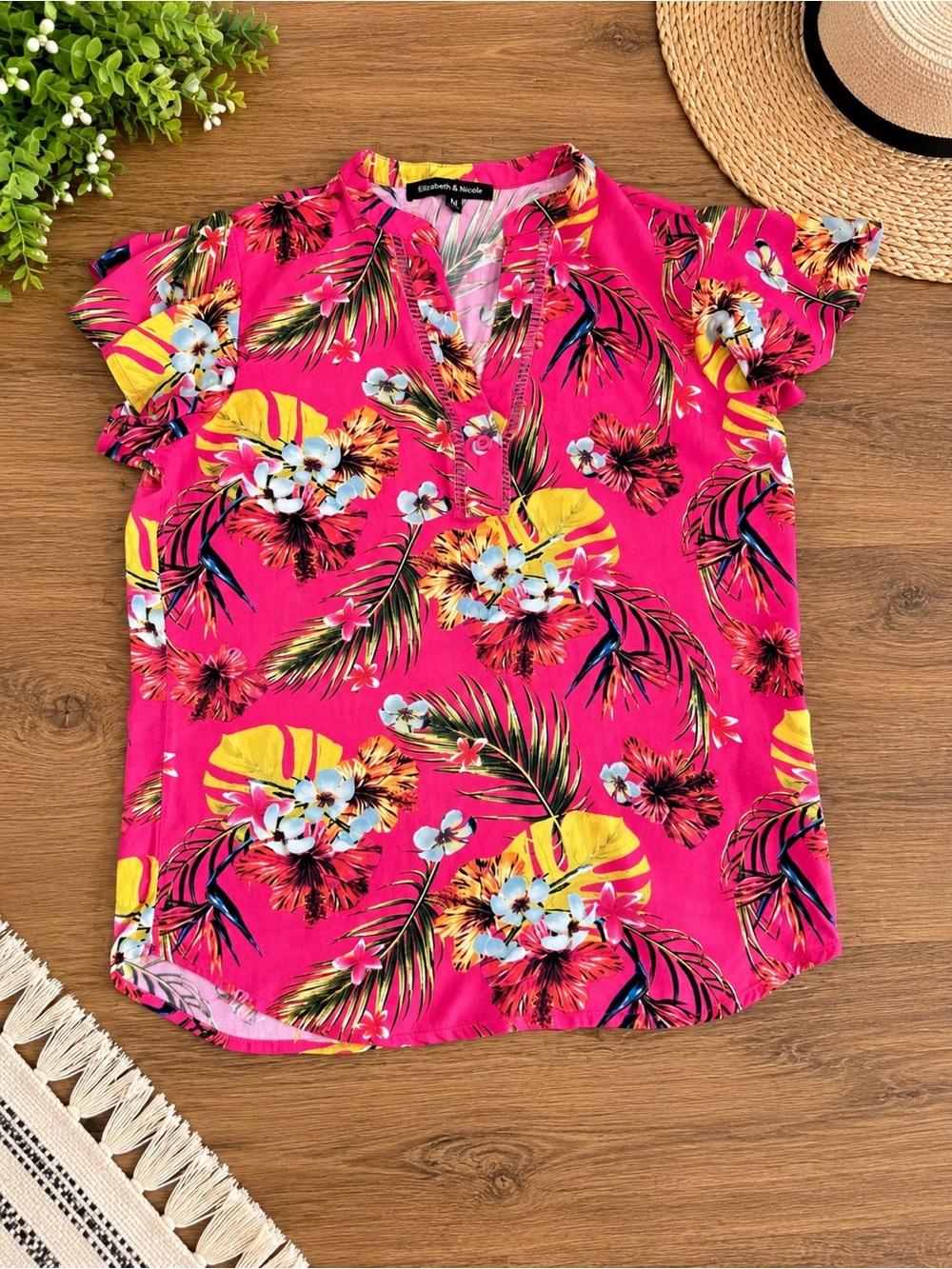 Island Breeze Floral V-Neck Flutter Sleeve Blouse - Hot Pink